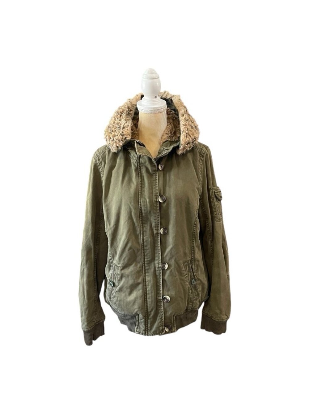Vintage Old Navy Olive Green Canvas Faux Fur Lined Bomber Jacket/Coat SZ XL Y2K